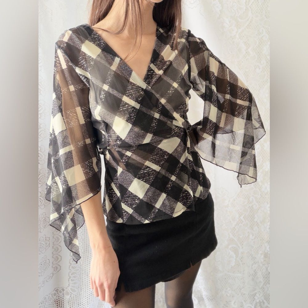 Y2K Sheer Plaid Wrap Top Bell Sleeve Tie Front 2000s - Picture 6 of 16
